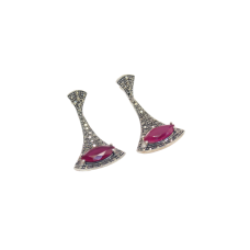 Earrings Silver 925 Sterling Dangle Drop Red Onyx & Marcasite Stone Women E232